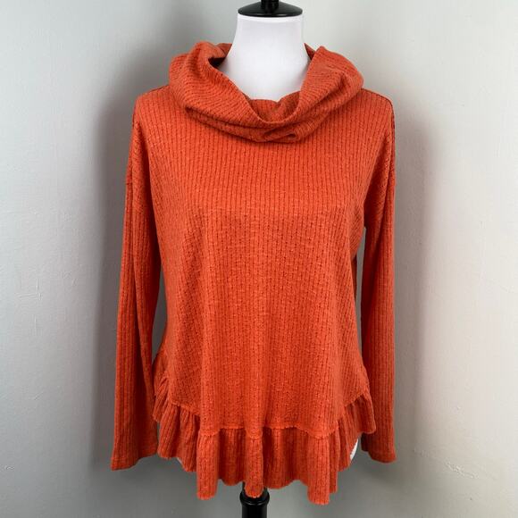 Anthropologie Maeve Addie Ruffled Hacci Orange Cowl Neck Sweater XS Oversized - Picture 1 of 8